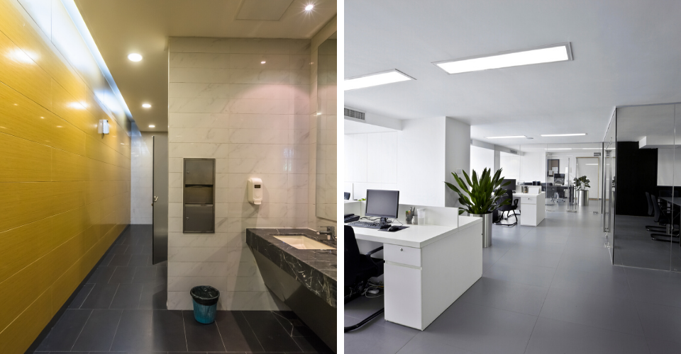 clean  bathroom and office space